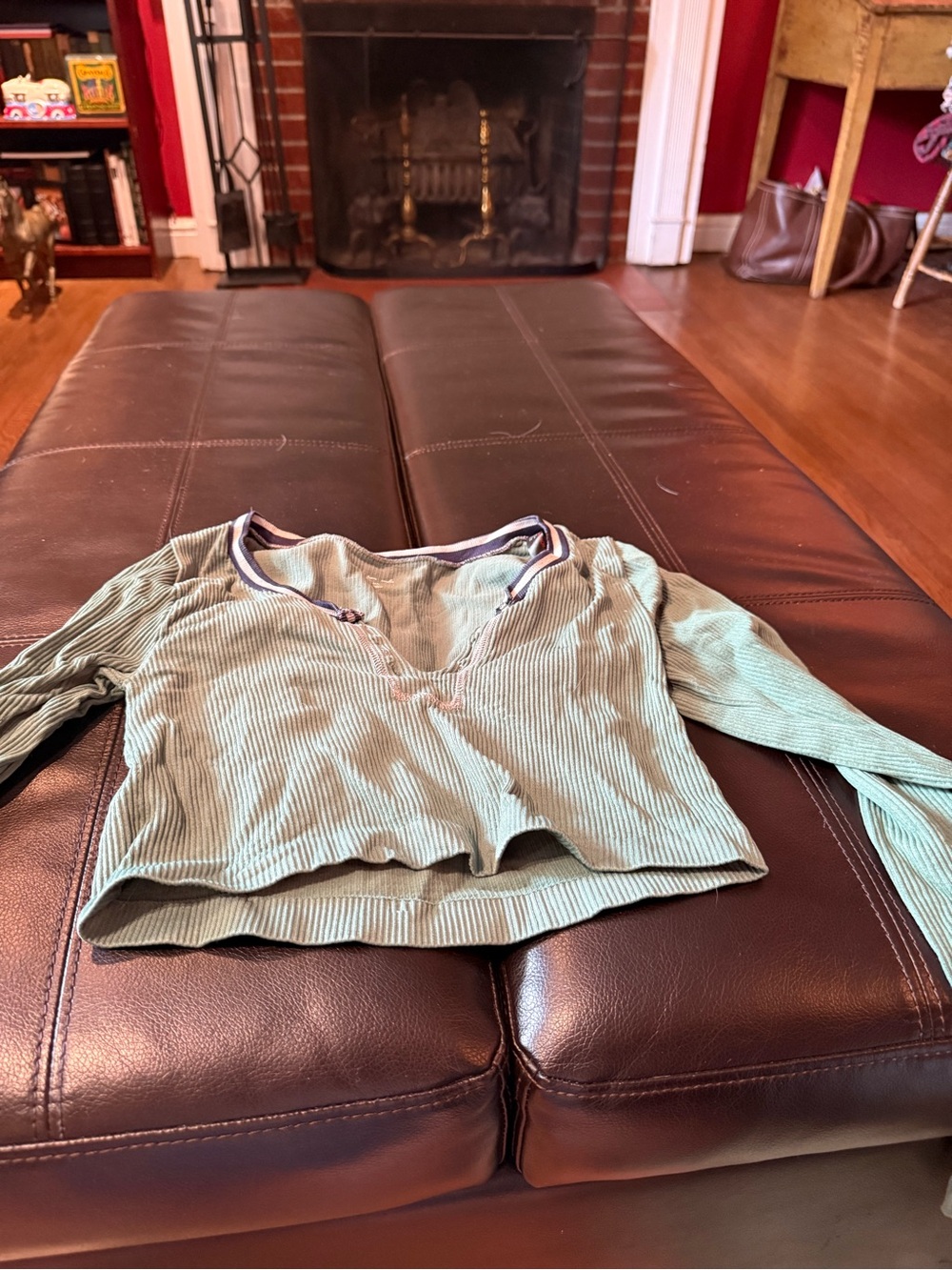 Urban Outfitters Ribbed V-Neck Long Sleeve Crop Top - Sage Green